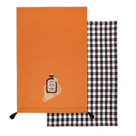 Halloween Kitchen Towel Set – Magic Potion Skeleton Hand & Plaid Dish Towels - Picture 2 of 3